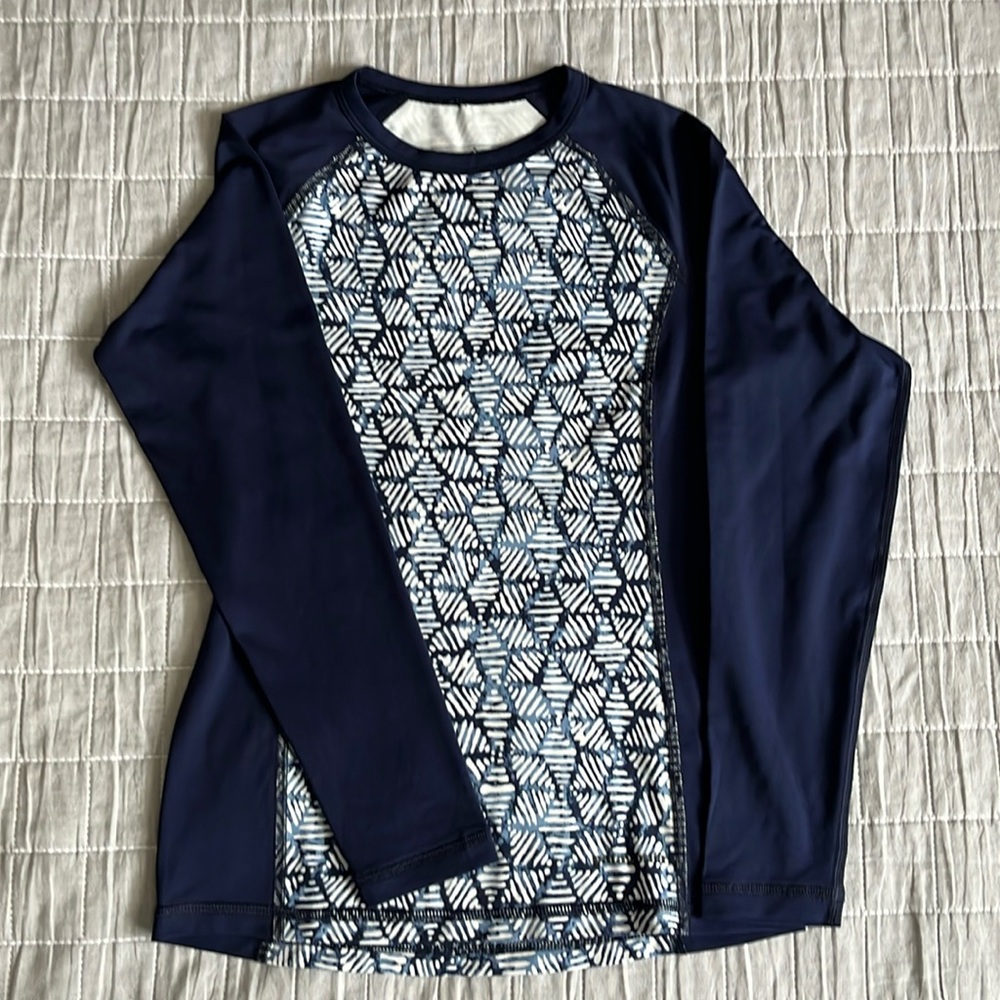 PATAGONIA Kids Long Slv Capilene Silkweight UPF Rashguard, blue print, Size M,10